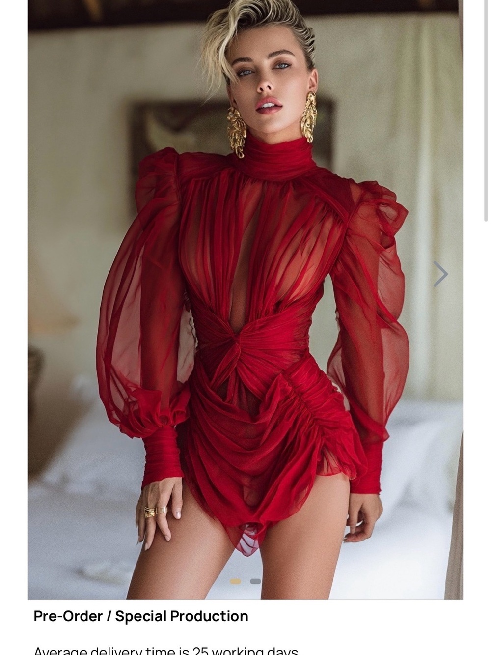 Sheer Red High-Neck Puff-Sleeve Mini Dress